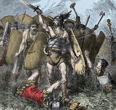 Narses Overcomes the Ostrogoths - Invasions of the barbarians: Narses, Byzantine general, eunuch, of Emperor Justinian I victor against the Ostrogoths at the Battle of Taginae, Italy, in the year 552. Colouring engraving of the 19th century by Unknown artist
