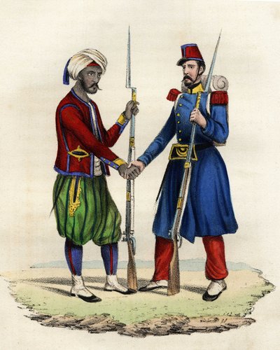 Native and French hunters of the French army of Africa in Algeria in 1830. In 