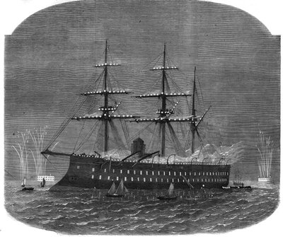 Naval illumination in the harbour of Spithead during the voyage of the Egyptian Sultan Ismail Pasha (1830-1895) to England. Engraving in The Illustrous Universe by Unknown artist
