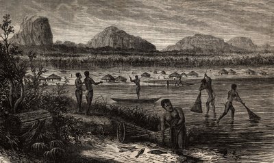 Near the cataracts of the Rovuma (Mozambique), the fishing activities. Engraving to illustrate Dr. Livingstone