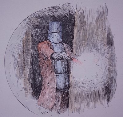 Ned Kelly wearing his homemade armour, in confrontation with police by Unknown artist