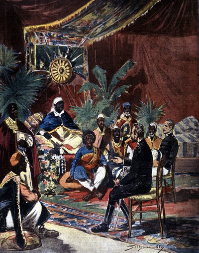 Negotiations for peace with Ethiopia after the Italian defeat in Adoua in 1896. Major Salsa and Captain Angherà met with King Menelik II and his chiefs. by Unknown artist