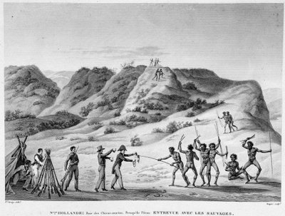 New Holland, Bay of Marine Dogs, Peron peninsula: interview with the Indians (encounter between Aborigines and settlers) - engraving, early 19th century by Unknown artist