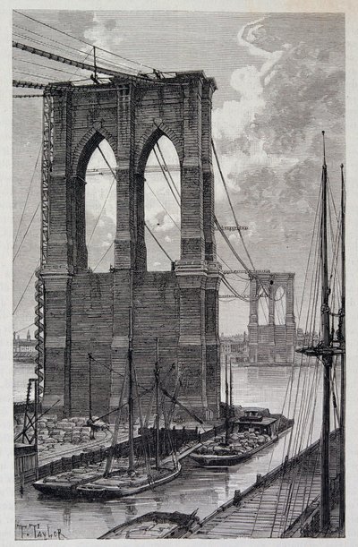 New York: Brooklyn Bridge piles under construction - in 