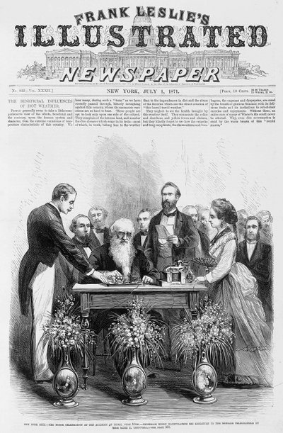 New York City - Morse Celebration at the Academy of Music, June 10 - Professor Morse manipulating his signature to the message telegraphed by Miss Sadie E. Cornwell - in 