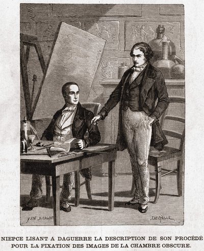 Niepce reading to Louis Daguerre the description of Heliography, for the fixing of pictures from camera obscura - Nicephore Niepce (1765-1833), French inventor, pioneer of photography reading to Daguerre the description of his method for fixing the images by Unknown artist