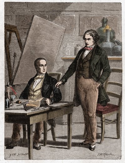 Niepce reading to Louis Daguerre the description of Heliography, for the fixing of pictures from camera obscura - Nicephore Niepce, French inventor, pioneer of photography reading to Daguerre the description of his method for the fixation of images by Unknown artist