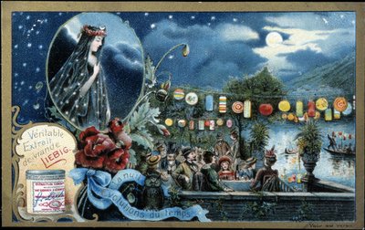 Night, Night Party Lit with Lanterns, Near a Lake - Liebig Chromolithography by Unknown artist