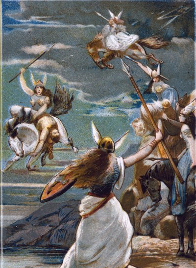 Nordic mythology: The Walkyries in Valhalla and the fall of warriors in battle. Chromolithograph of the 19th century by Unknown artist