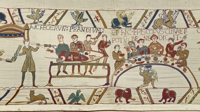 Norman servants prepare a banquet for William and Bishop Odo blesses the meal, Bayeux Tapestry by Unknown artist