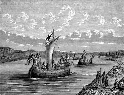 Norman ships up a river - engraving by Unknown artist