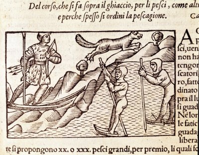 Norwegian Hunters Moving Through Skis. Engraving by Olaus Magnus, "Historia de Gentis Septentrionalibus" by Unknown artist