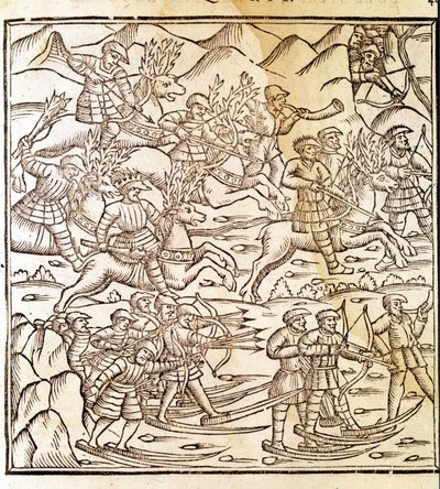Norwegian Hunters Travelling on Skis and Reindeer. Engraving by Olaus Magnus, "Historia de Gentis Septentrionalibus" by Unknown artist