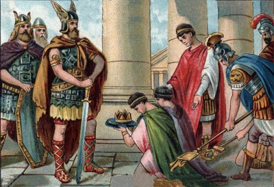 Odoacer, chief of the Herules, obliges the abdication of Romulus Augustulus, last Roman emperor of the west in 476. Chromolithography around 1890 by Unknown artist