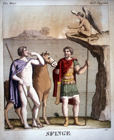 Oedipus and the Sphinx - in Dizionario Mitologico, Engraving of the 19th Century, Bibl. di Brera, Milan by Unknown artist