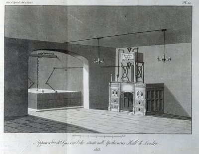 Oil gas apparatus located at the Apothicaries Hall in London. Plate taken from Revue d