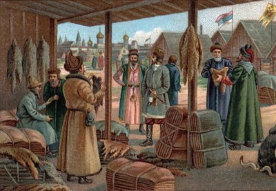 Old Shopping Malls: Fur Fair in Novgorod (Veliky Novgorod), Russia in the 19th century. Chromolithography of the late 19th century by Unknown artist