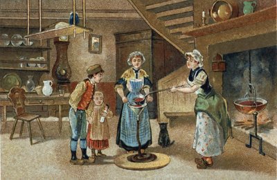 Old custom celebrated in the Dauphiné region: La boudinée. Chromolithography of the late 19th century by Unknown artist