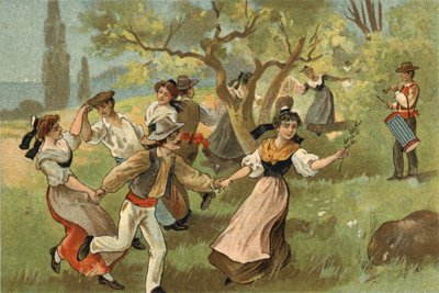 Old custom celebrated in the Provence region: the farandole for silkworm harvest festivals. Chromolithography of the late 19th century by Unknown artist