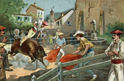 Old custom celebrated in the region of Biscay: Landaise races in a village. Chromolithography of the late 19th century by Unknown artist