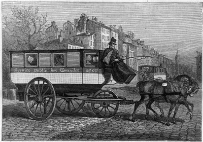 Omnibus has three wheels or tricycle in the streets of Paris. Engraving in 