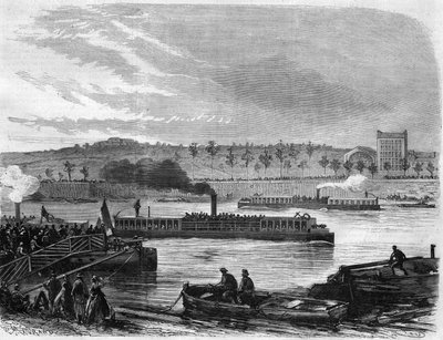 Omnibus steam boats from Paris, France. Engraving in 