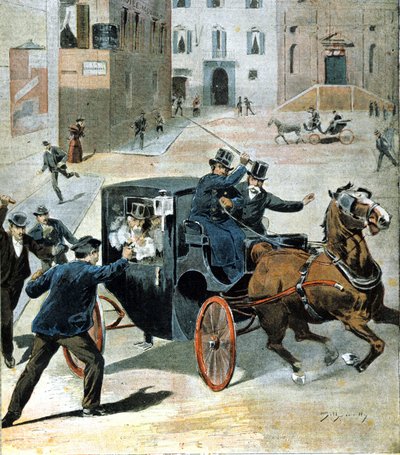 On 16 June 1894, in Rome, the anarchist Paolo Lega fired a revolver at Francesco Crispi, President of the Italian Council. Illustration of the period. by Unknown artist