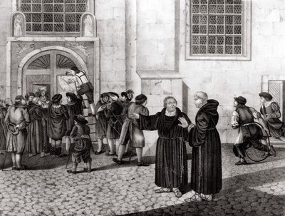 On 31/10/1517, Luther posted on the gates of Wittenberg Castle his 95 theses denouncing the sale of indulgences and which marked the beginning of the Reformation - engraving by Unknown artist