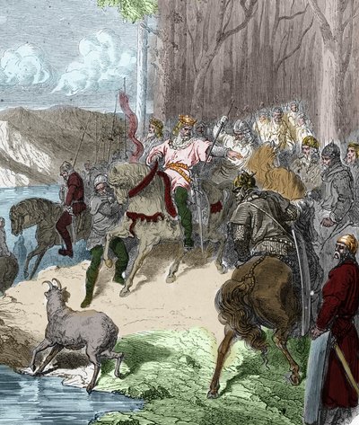 On the eve of the Battle of Vouille Clovis I finds, following a doe, a spring on the Vienna revealed by lilies. He bears the flower as a pledge of victory then takes it as its emblem. Engraving in 