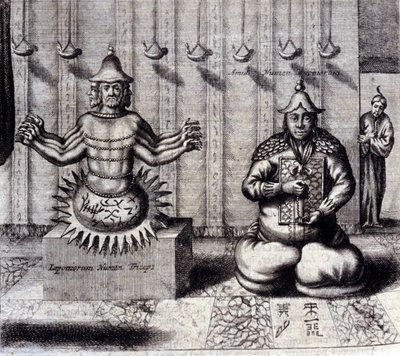 On the left, Hindu deity with eight arms, on the right Amida, Japanese Buddha. 