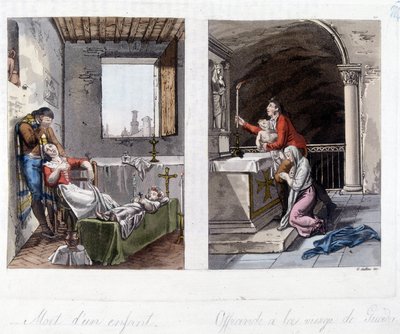 On the Left, Death of a Child and Sadness of the Parents. On the Right, an Offering to the Virgin of Guada Lupa. Lithograph of the 19th Century by Unknown artist
