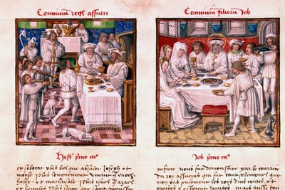 On the Left the Feast of Assuerus 1st (Xerxes 1st). On the Right, the Feast of the Children of Job by Unknown artist