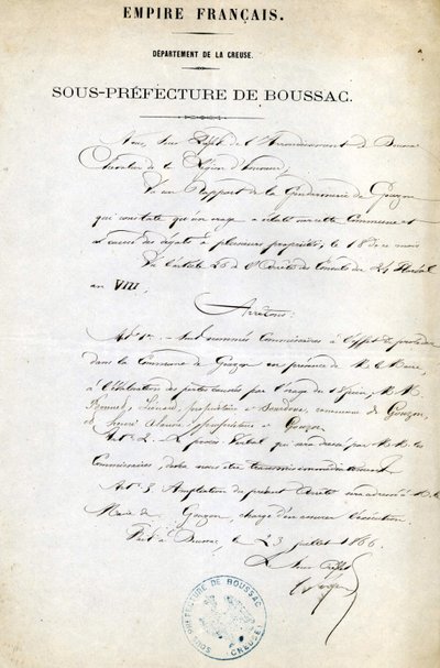 Order of the Sub-Prefecture of the Creuse (Arrondissement of Boussac) of July 23 by Unknown artist