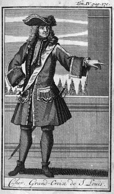 Orders of Chivalry. Chevalier Grand Cross of Saint Louis in France in the 17th century. In "History of military orders or knights, of the secular and regular militias of both sexes, which have been established so far. Edition taken from Abbe Giustini" by Unknown artist
