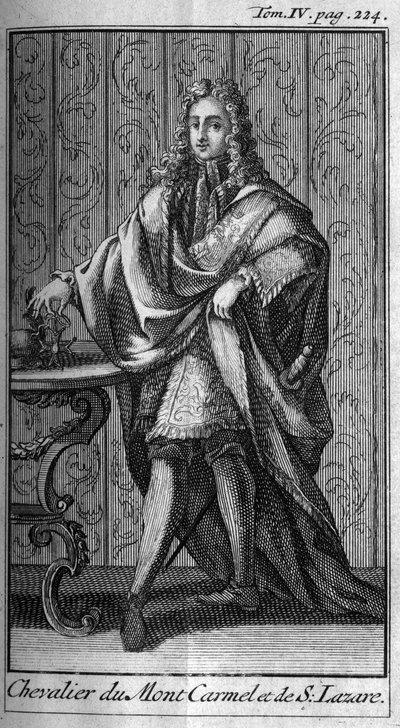 Orders of Chivalry. Knight of Mount Carmel and Saint Lazarus in France in the 17th century. In “History of military orders or knights, of the seculiere and regular militias of both sex, which have been established until now. Edition taken from Abbe Giust by Unknown artist