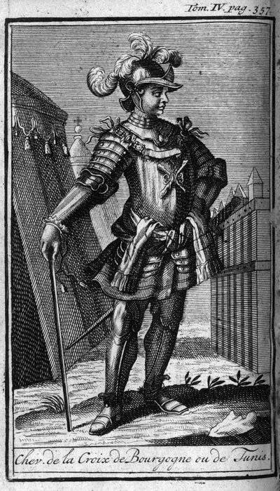 Orders of Chivalry. Knight of the cross of Burgundy or Tunis. In History of military orders or knights, of the secure and routine militias of both sexes, which have been established so far. Edition taken from Abbe Giustiniani, R.P.Bonani, M. Herman, Sch by Unknown artist