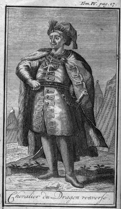 Orders of Chivalry. Knight of the dragon flips. In History of military orders or knights, of the secure and routine militias of both sexes, which have been established so far. Edition taken from Abbe Giustiniani, R.P.Bonani, M. Herman, Schoonebeek, R.P. by Unknown artist