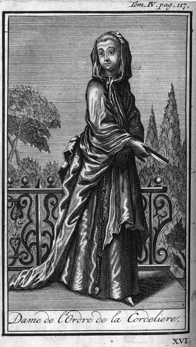 Orders of Chivalry. Lady of the Order of the Cordeliere. In History of military orders or knights, of the secure and routine militias of both sexes, which have been established so far. Edition taken from Abbe Giustiniani, R.P.Bonani, M. Herman, Schooneb by Unknown artist