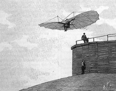 Otto Lilienthal (1848-1896), German aeronautics pioneer, leaping from his wooden tower with his flying aircraft (from an instant photograph). Engraving in 