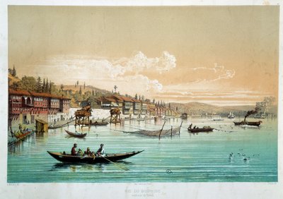 Ottoman Empire: view of the Bosphorus in the vicinity of Bebek in Turkey. Fishing scenes. Engraving of the 19th century Paris, Decorative Arts by Unknown artist