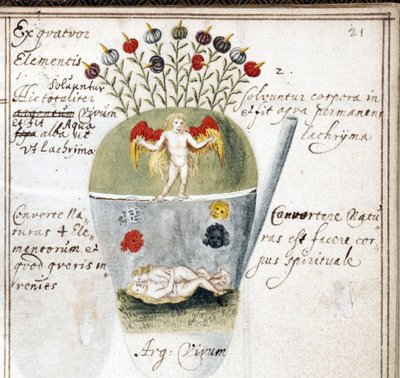 Page from an Alchemical Notebook, a Couple and an Angel (Watercolour on parchment by Johann Grasshoff, c. 1620) by Unknown artist