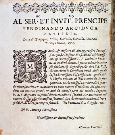 Page of dedication to Ferdinand of Austria in musical score of Sinfonie musicali by Ludovico Viadana by Unknown artist