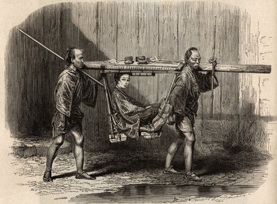 Palanquin has the use of the people, open, the user puts his belongings on the roof before settling in to make his journey. Engraving to illustrate the voyage to Japan in 1863-1864, by Aime Humbert, minister of the Swiss Confederation, in 