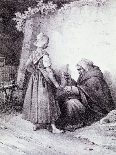 Palmistry: an old fortune teller reads the hand of a young girl by Unknown artist