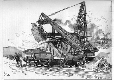 Panama Canal works. Main machines: Osgood excavator. Engraving in Le Monde Illustré by Unknown artist
