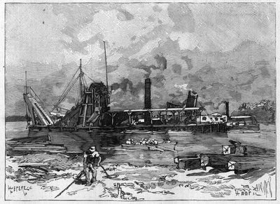 Panama Canal works. Main machines: a dredge and its valve. Engraving in Le Monde Illustré by Unknown artist