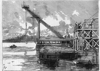 Panama Canal works. Main machines: the Bigue pontoon. Engraving in 