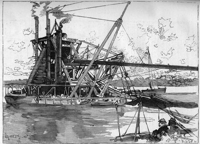 Panama Canal works. Main machines: the great American dredge. Engraving in Le Monde Illustré by Unknown artist