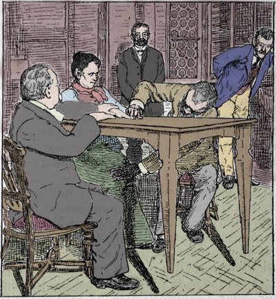 Paranormal phenomena: experience of raising a table in Milan in 1892 in the presence of the medium Eusapia Paladino and Cesare Lombroso (1835-1909) and Charles Richet (1835-1909). by Unknown artist