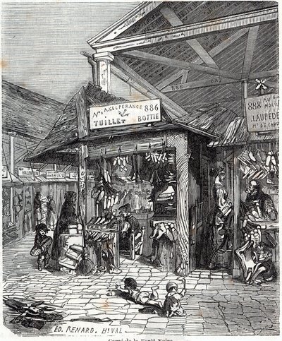 Paris 3rd arrondissement - Carre de la Foret-Noire: sale of leather and shoes in Le Carreau du Temple in the 19th century - Engraving in 
